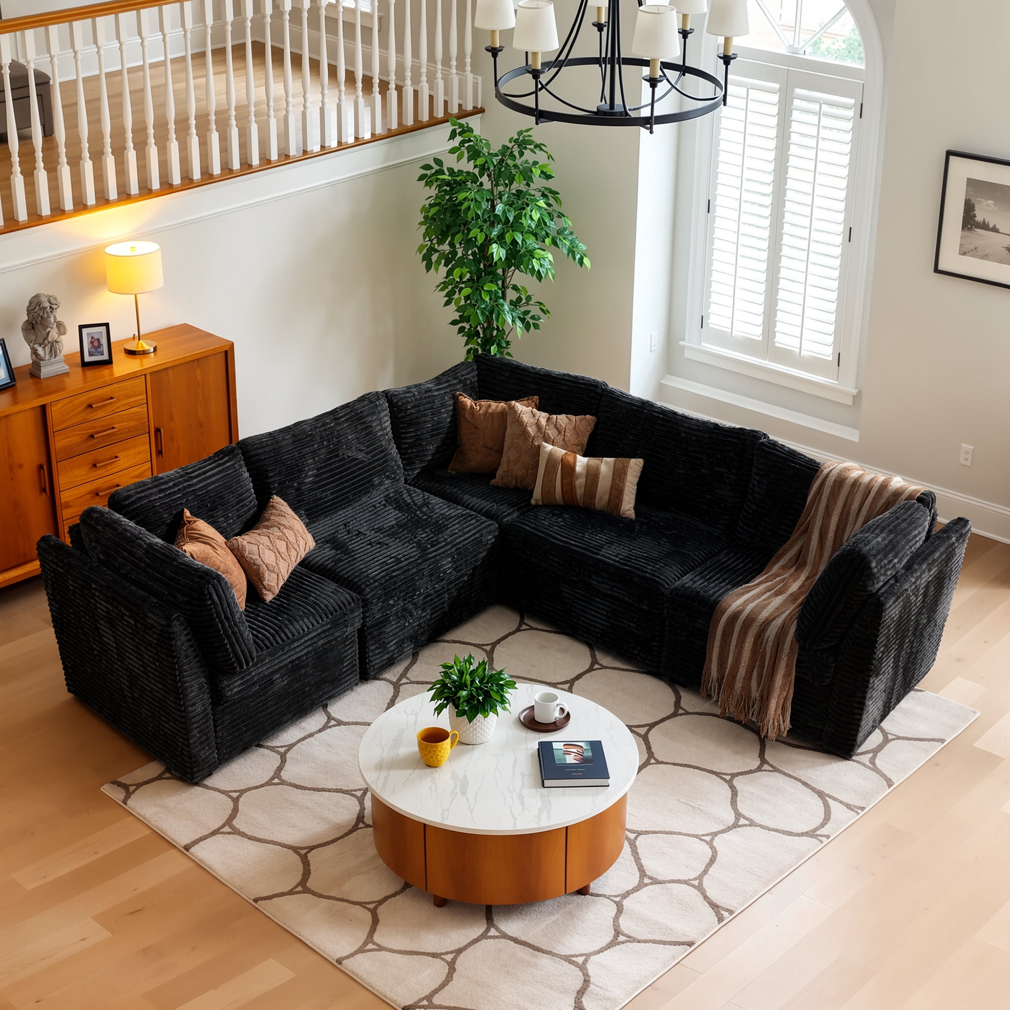 Ovios 95" Modular Sectional Sofa Deep Seat Cloud Couch with Chaise L-Shaped Corduroy Couch for Living Room, 5 Seat, Black