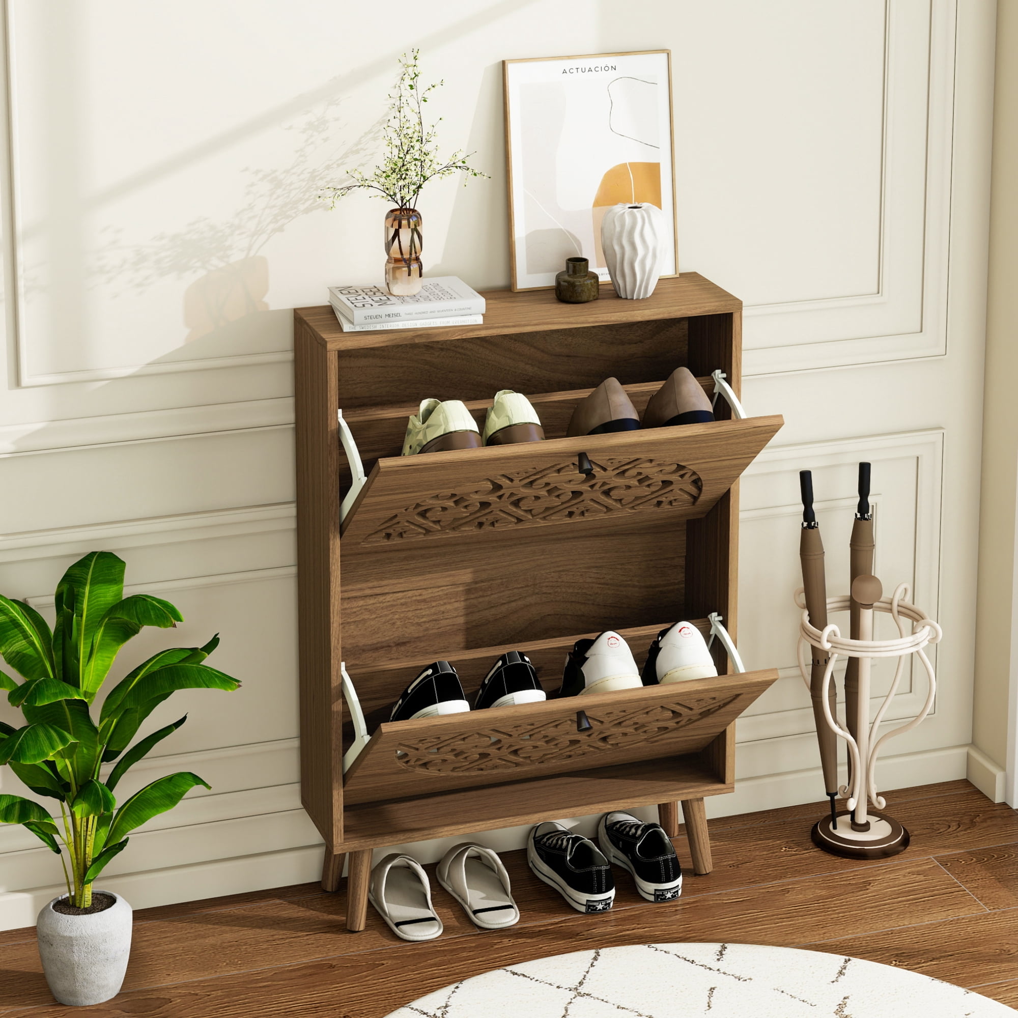Leumius Narrow Shoe Cabinet with 2 Flip Drawers, Carved Floral Pattern Wooden Shoe Storage Organizer, Freestanding Hidden Shoe Rack for Entryway Hallway Living Room Walnut