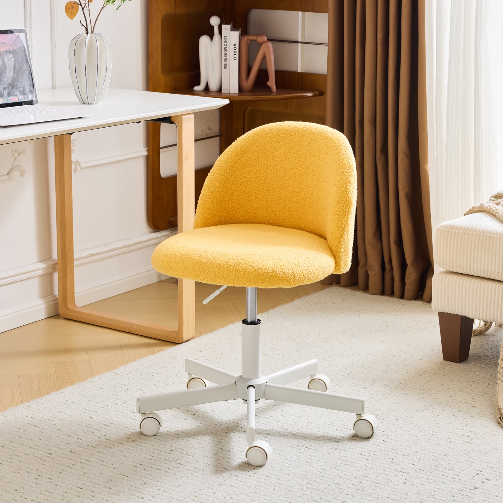 Ktaxon Armless Home Office Desk Chair Cute Mid Back Vanity Stool Teddy Velvet Swivel Task Chairs with Wheels Yolk Yellow