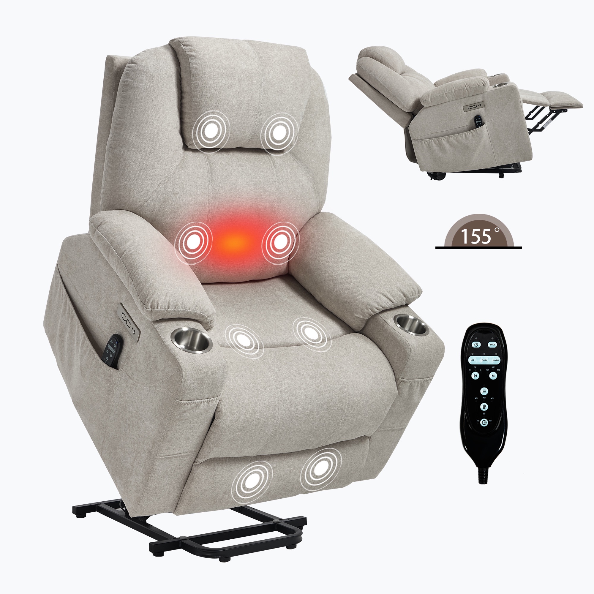 Chenille Power Lift Recliner Chair for Seniors, Heavy Duty 350 lbs Capacity with 8-Point Massage & Lumbar Heat, USB Type-A/C Ports, Stainless Steel Cup Holders, Living Room Comfort