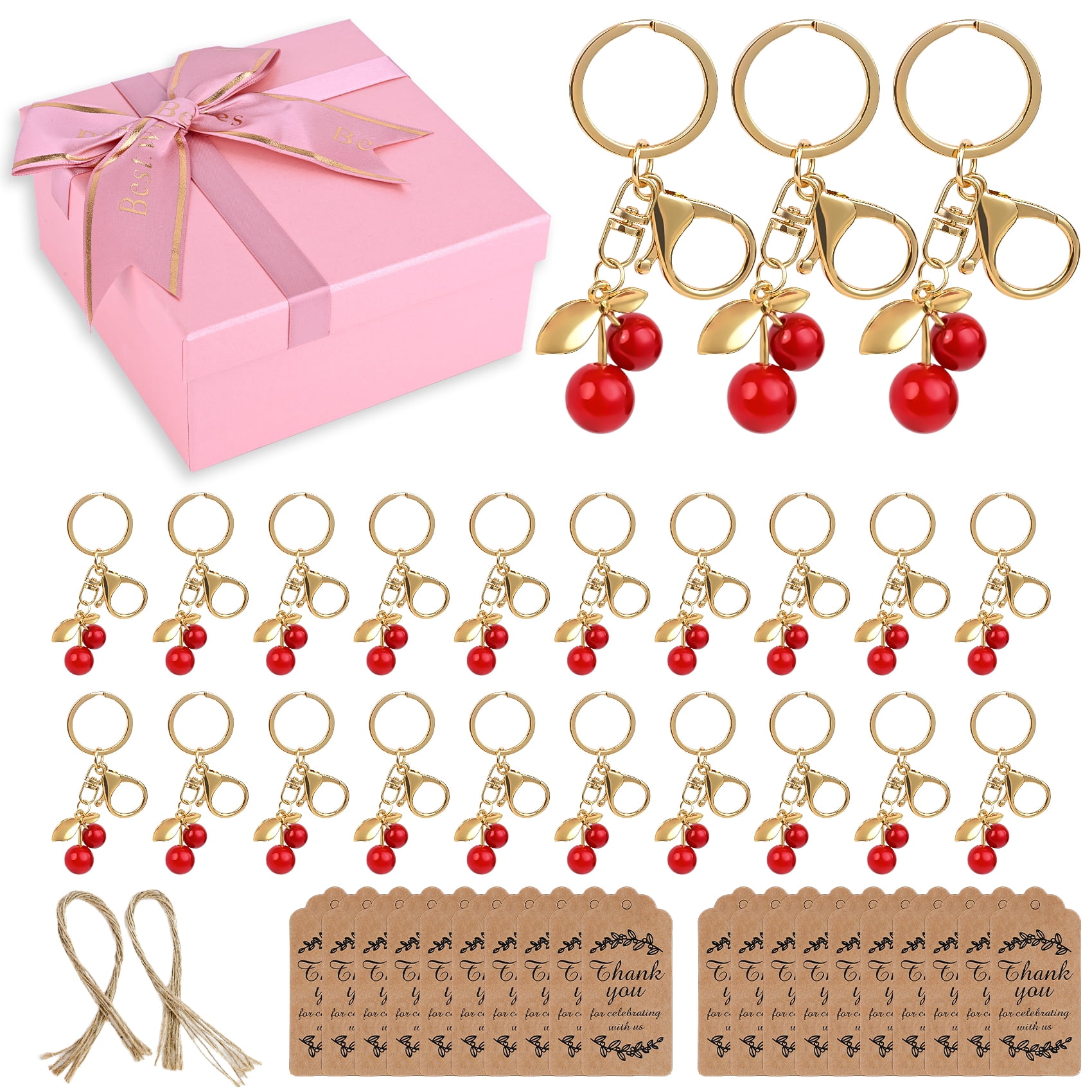 20 Set Cherry Keychain Party Favors Bulk Gift Set, Purse Charms Handbags Keyrings for Women Guests Baptism