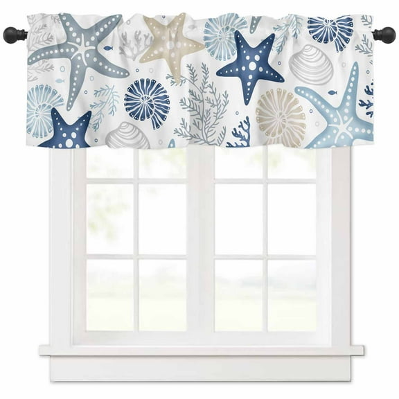 LEOKOTI Valances for Windows, Blue Starfish Coastal Light Filtering Window Valance Curtains for Living Room/Bedroom/Bathroom, Summer Beach Nautical Coral Sea Rod Pocket Kitchen Curtains 54"W x 18"L