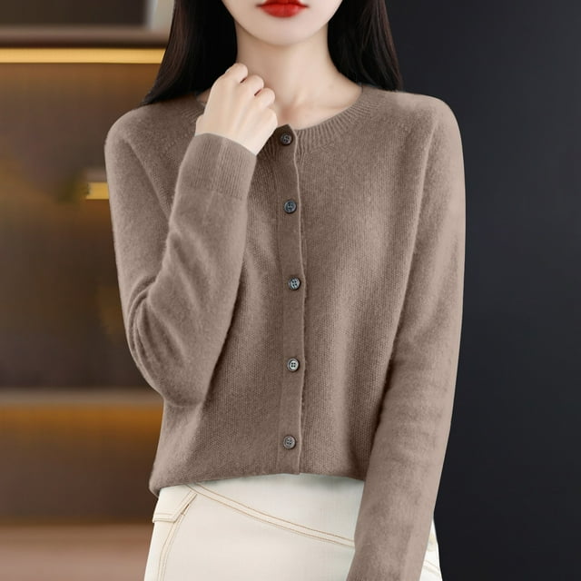 Baberdicy Haut en Tricot Uni pour Femme, Cardigan à Col Rond Ouvert à l'Avant, Cardigan Uni à Col Rond, Chandail en Tricot Décontracté, Haut de Tous les Jours Café L