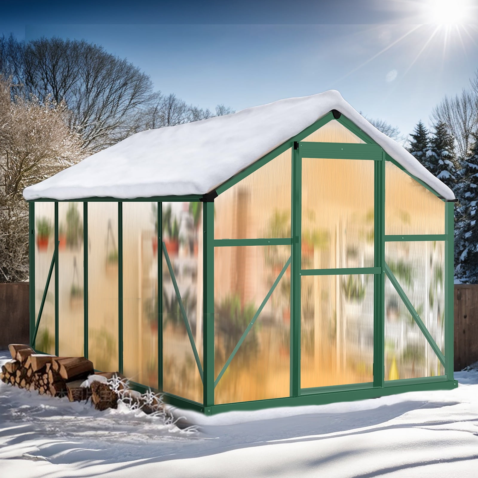Seizeen 6x10FT Outdoor Greenhouse, Walk-in Green House Polycarbonate, Aluminium Frame Plant House for Gardening, with Adjustable Vent, 8 Supports, 62’’H Sliding Door, Green