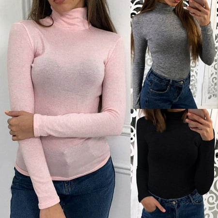Fashion Womens Loose Tees Casual Long Sleeve T-Shirt Soft Cotton Shirts Tops Turtleneck T-Shirt Pink Size XL