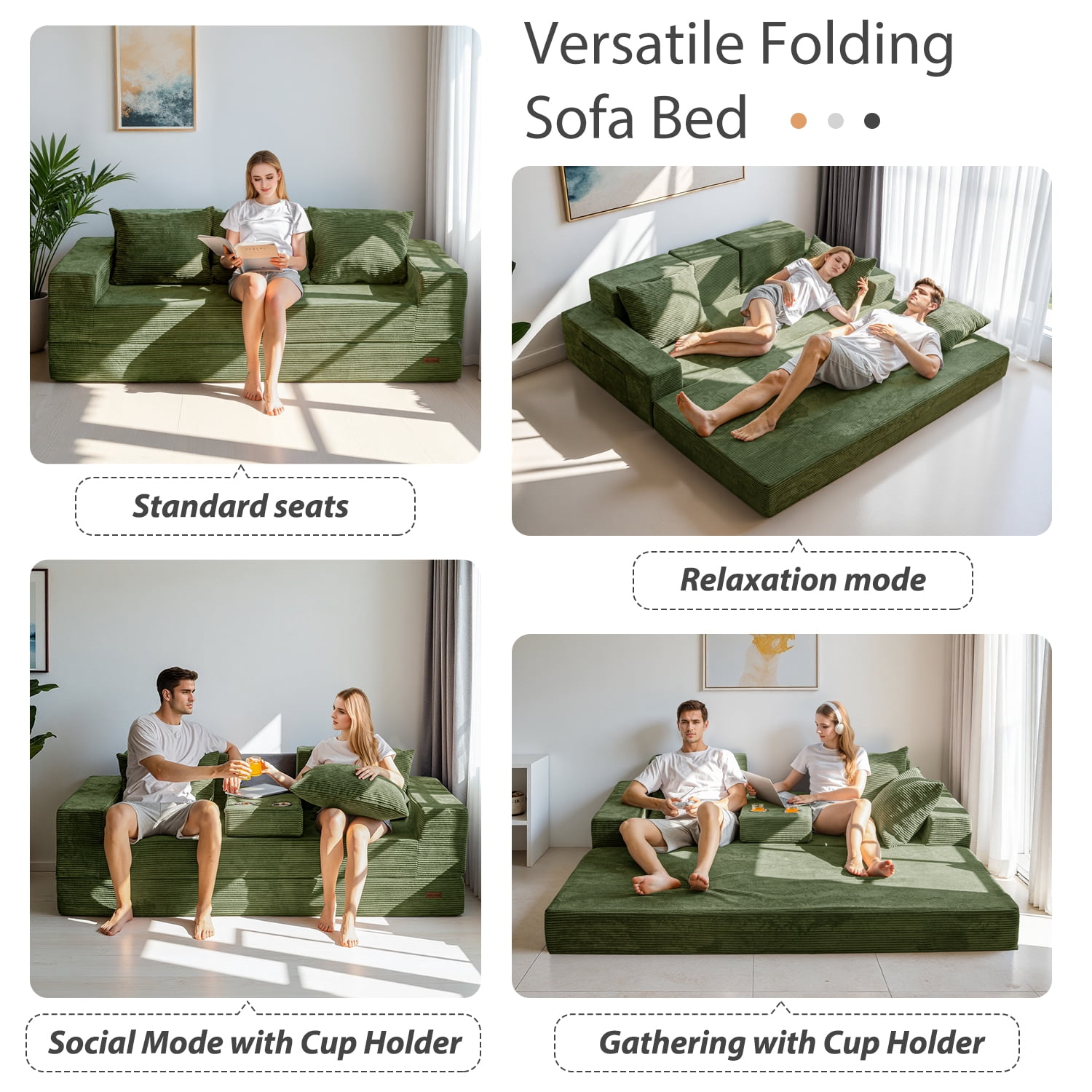 BYBYME Convertible Sofa Bed,Folding Lounger 4-in-1 Boneless Sofa with 3 Pillows and 2 Cup Holders,Floor Sofa for Small Spaces Such as Living Rooms,No Assembly Required,3 Seater,DGreen