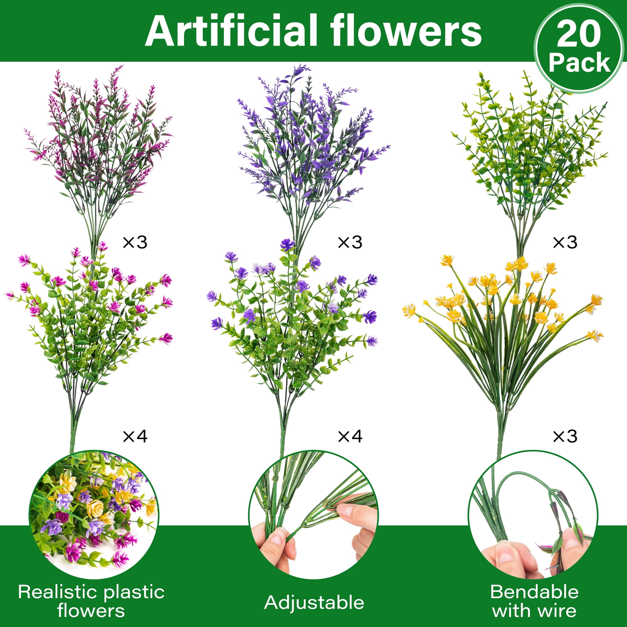 Scidweet Artificial Flowers Outdoor, 20 Bundles Fake Plastic Flower Faux Plant Indoor Outside Spring Summer Decoration for Home Garden Front Porch