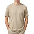 thumbnail image 4 of Fwqbns Men's Notch Neck T-Shirt Short Sleeve Split Crew Neck Tee Minimalist Solid Color Casual Summer Top Beige, 4 of 5