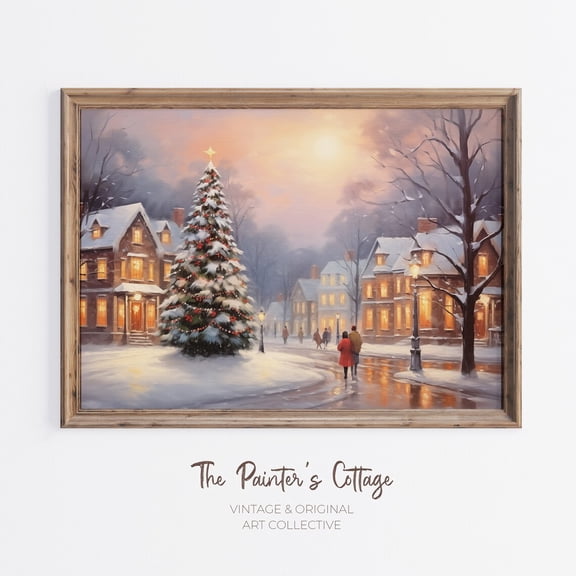 Vintage Winter Town Print, Art, Prints For, Seasonal Home Decor, Winter Prints Wall Art, Winter Home Decor #2843, Stretched Canvas Size 8x12