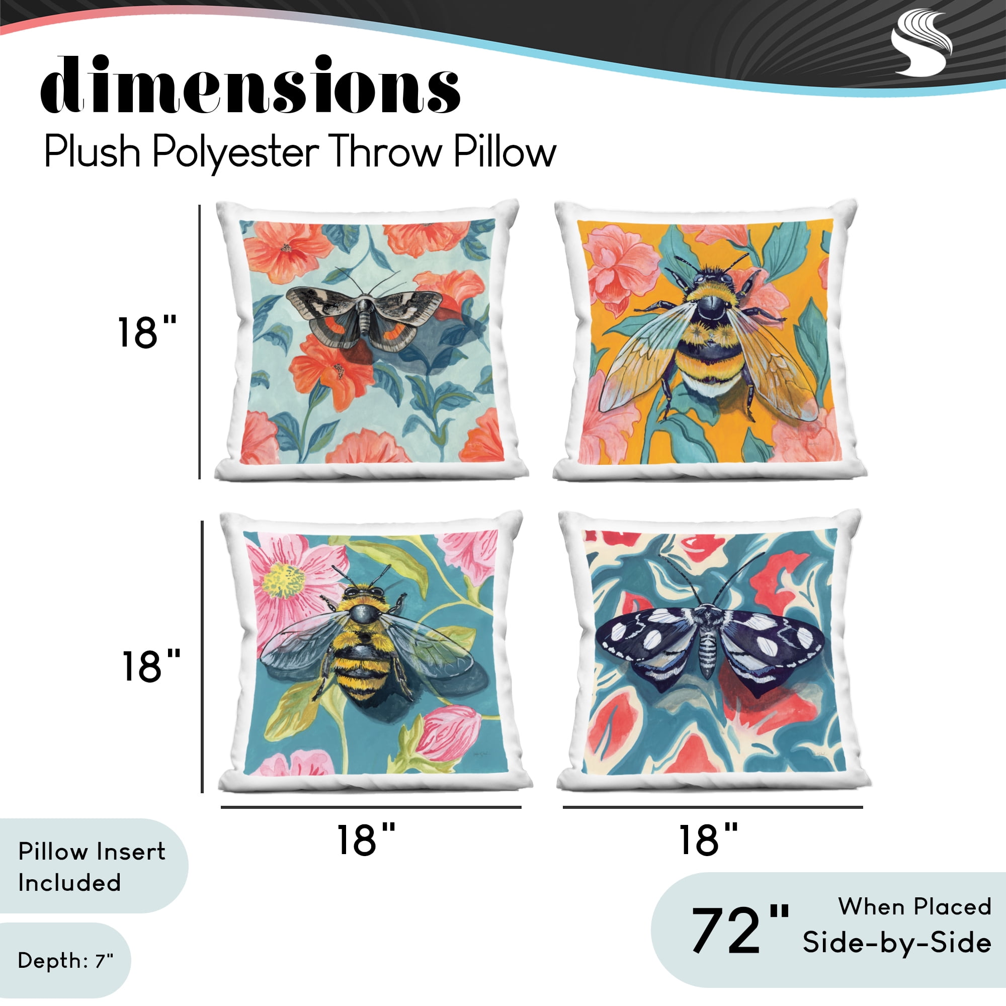 Stupell Industries Insects on Flower Patterns 4 Piece Decorative Printed Throw Pillow Set, design by Kate Jarvik Birch