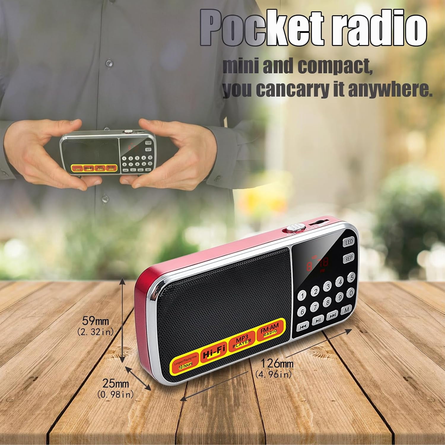 Portable AM/FM Radio with MP3 Player Support, USB/TF Card Playback, Rechargeable Battery, Excellent Reception & Sound Quality, Compact Design with Flashlight for Outdoor Use