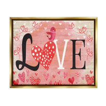 Stupell Romantic Love Patterned Hearts Bird Holiday Painting Gold Floater Framed Art Print Wall Art