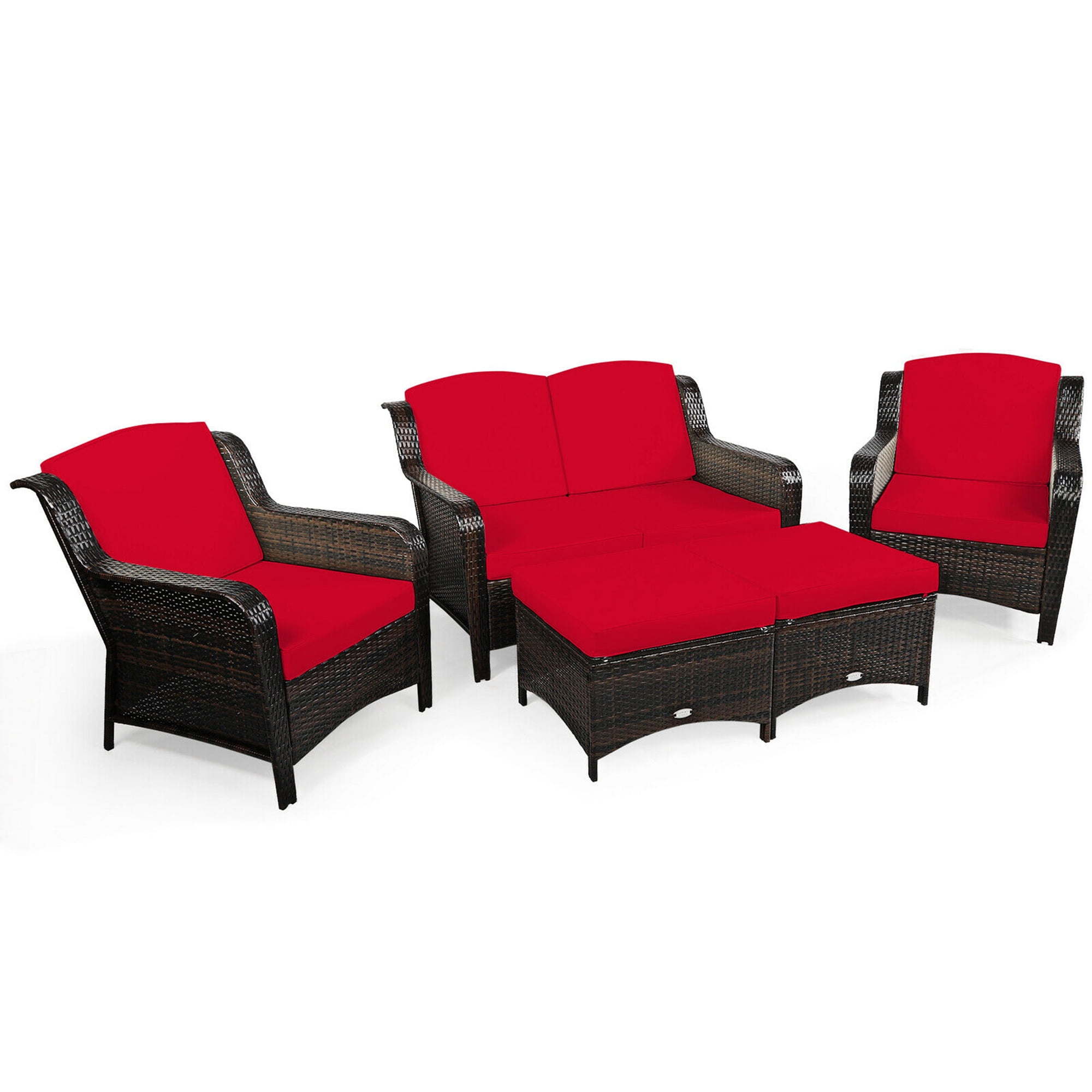 Gymax 5PCS Rattan Patio Conversation Sofa Furniture Set Outdoor w/ Red Cushions