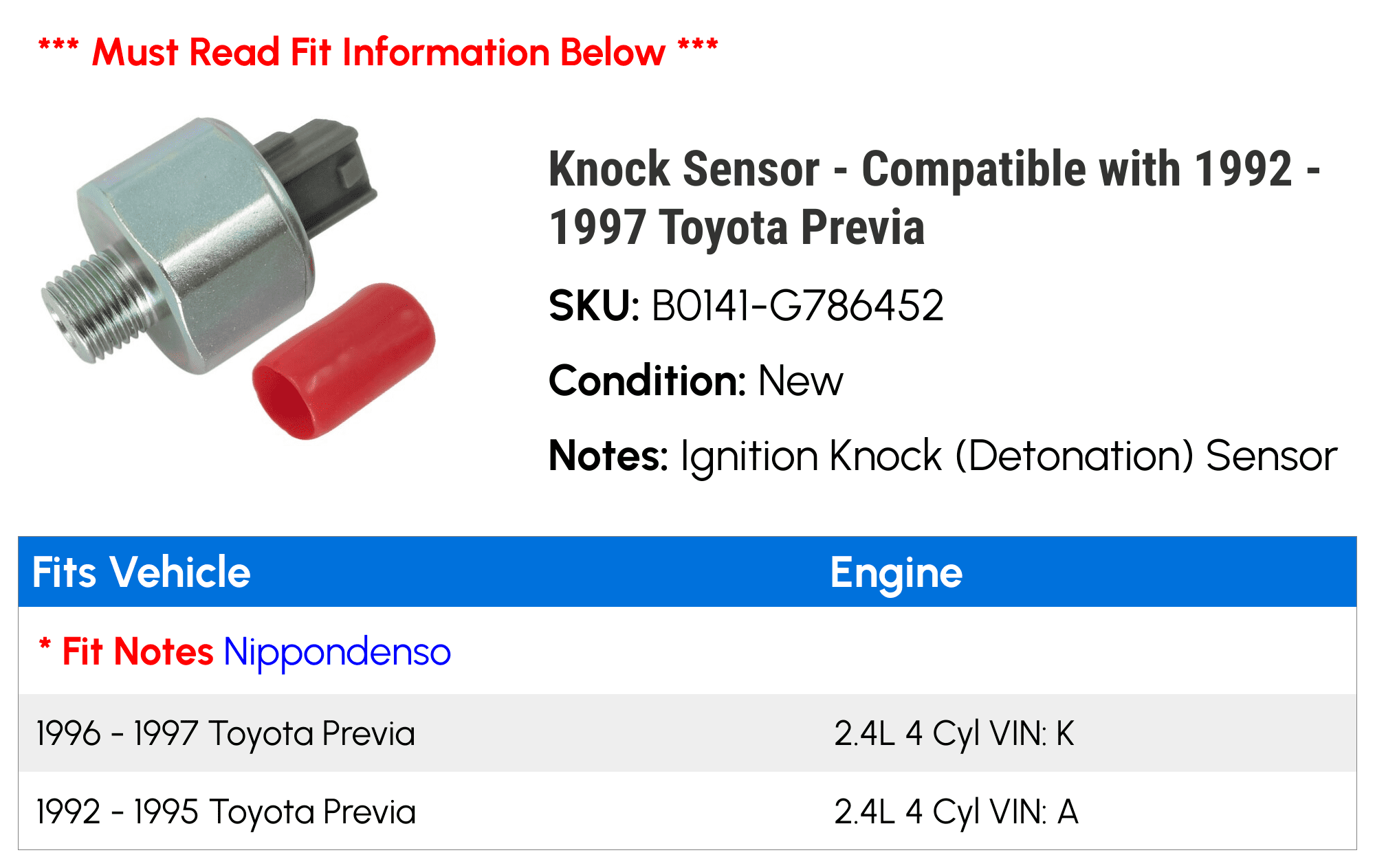 Knock Sensor - Compatible with 1992 - 1997 Toyota Previa 1993 1994 1995 1996