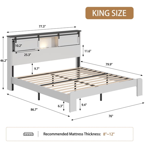 LHKJ King Metal Bed Frame with Charging Station, White