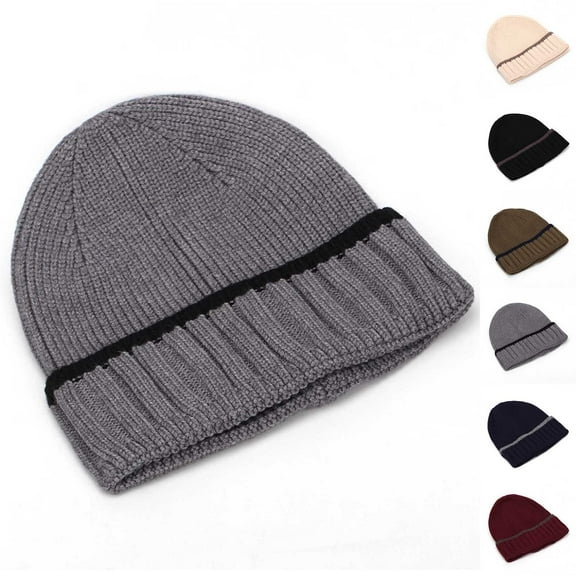 UTSJKR Hip Hop Beanie Mens Slouchy Knit Skull Cap Warm Stocking Hats Guys Women Striped Winter Beanie Hat Cuffed Plain Hat Beige