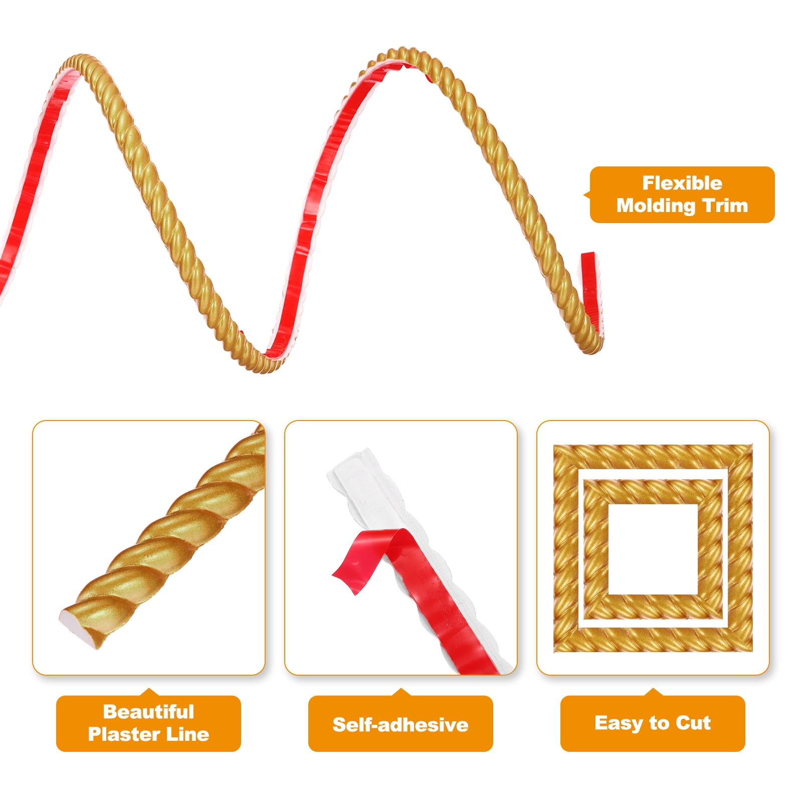 Unique Bargains Peel Stick Molding Trim Walls Adhesive Home Decor Gold 0.4" x 16 ft
