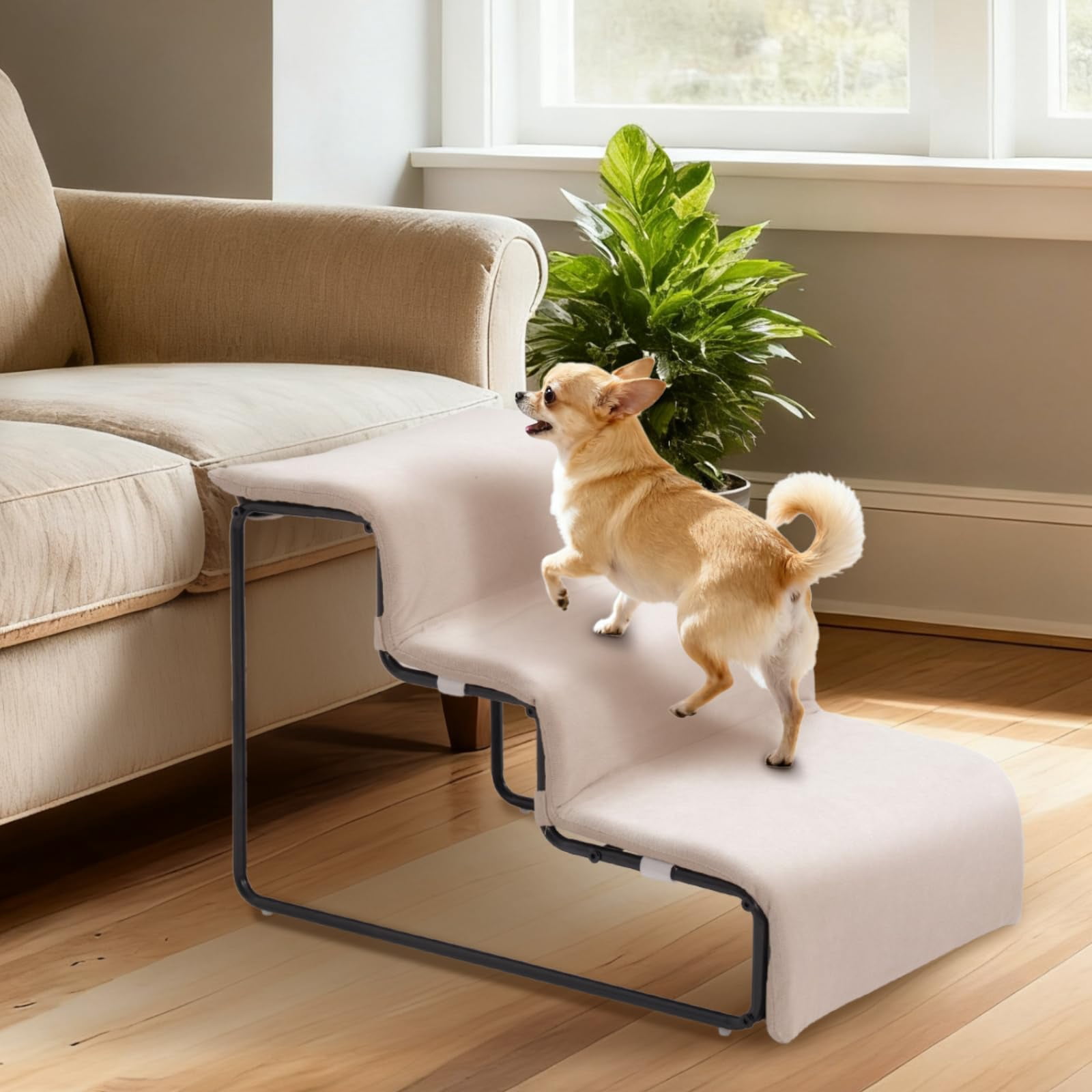 Dog Window Perch with Stairs, Pet Stairs Ramp with Seat, Dog Perch to Look Out Window with Ramp, Lounge Elevated Dogs Bed, Small Pet Step, Multi-Level Platform with Foam Upholstery
