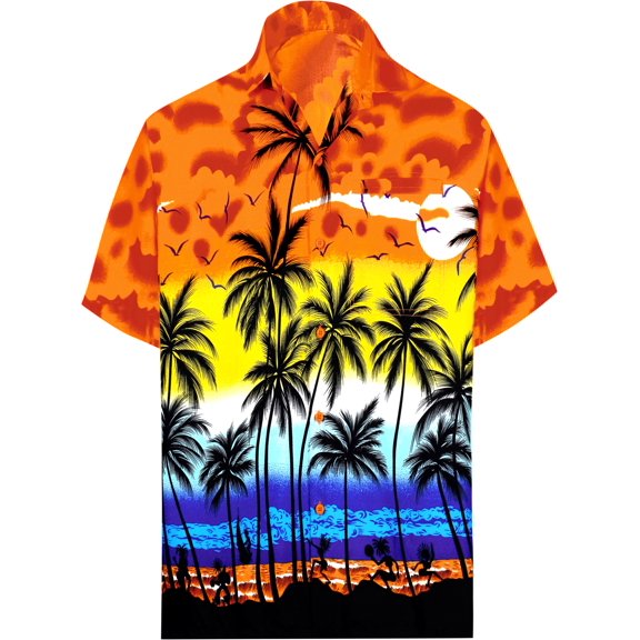 HAPPY BAY Men's Hawaiian Shirts Short Sleeve Button Down Shirt Mens Hawaii Shirts Boho Vacation Casual Summer Beach Shirts for Men Funny S Tangerine, Beach View