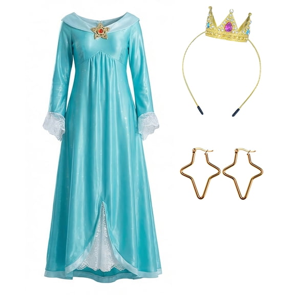 Women Princess Green Costume Dress w/Crown Earrings Halloween Party Fancy Dress Up