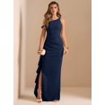 thumbnail image 5 of Navy Blue One Shoulder Ruched Wrap Maxi Dress With Asymmetrical Ruffle Hem, 5 of 7
