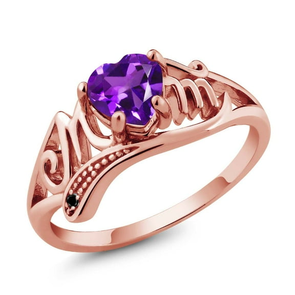 Gem Stone King 18K Rose Gold Plated Silver Heart Shape Mothers Day Purple Amethyst and Diamond Mom MOM Ring for Women (0.41 Cttw, Gemstone Birthstone, Available in Size 5, 6, 7, 8, 9)