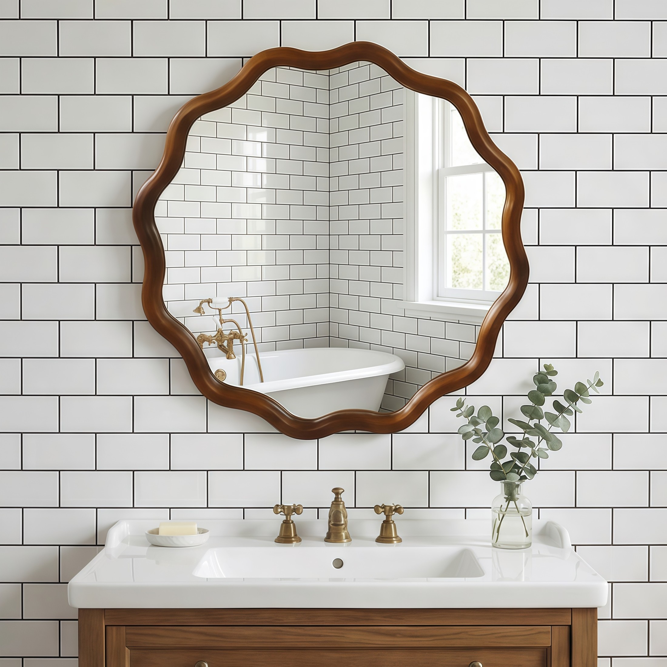 Noble House 24" Wavy Round Wall Mirror, Asymmetrical Solid Wood Decorative Accent Mirror for Entryway, Walnut