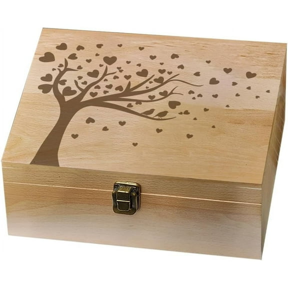1 Pc Wooden Memory Keepsake Box Heart Tree Bird Box with Hinged Lid Love Theme Decorative Storage Box Stash Box for Photos Letters Anniversary Wedding Valentine's Day7.6x9.6x4inch