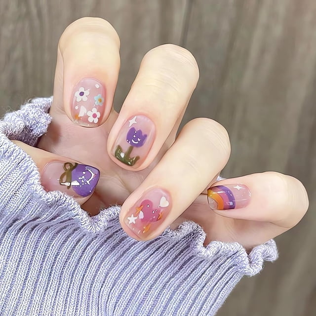 Uñas postizas cuadradas cortas con flores, lindas uñas adhesivas acrílicas de primavera, uñas artificiales brillantes para mujeres y niñas, decoraciones de manicura, 24 piezas