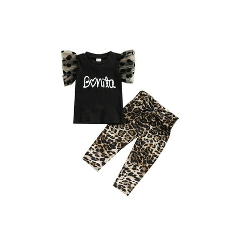 

Nituyy Baby Polka Dots Mesh Fly Sleeve T-shirt Leopard Trousers Set