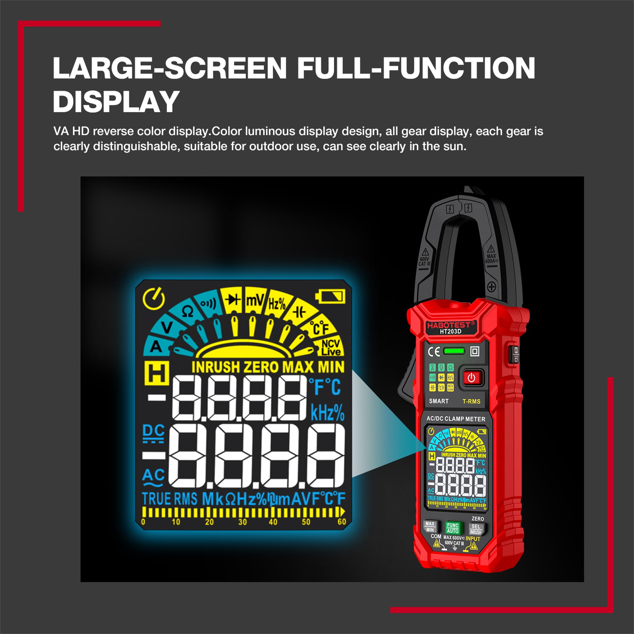 HABOTEST HT203D Digital Clamp Meter Multimeter,6000 Counts, Data Retention，Auto-ranging Amp Voltage Tester for Measuring Voltage, Current,NCV Clamp Multimeter