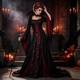 thumbnail image 5 of KICILVS Vampire Costume Women High Collar Long Trumpet Sleeve Corset Lace up Maxi Dress Gothic Queen Cosplay Outfit, 5 of 8