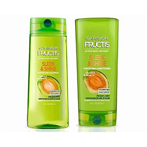 Garnier Fructis Sleek & Shine Shampoo (22 Fl Oz)   Conditioner (21 Fl Oz) Set for Frizzy, Dry Hair, Plant Keratin   Argan Oil (2 Items), 1 Kit (Packaging May Vary)