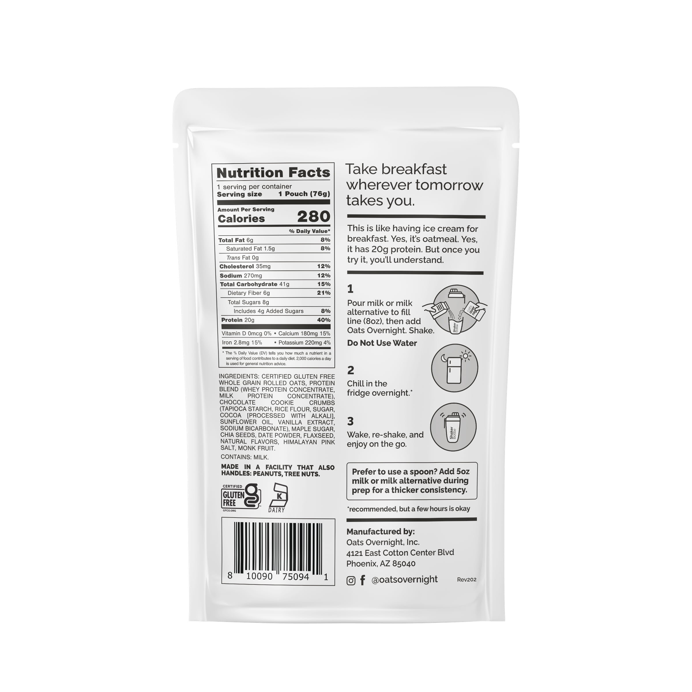 Oats Overnight Cookies & Cream Protein Overnight Oatmeal Shake, 2.7 oz, 1 Pouch