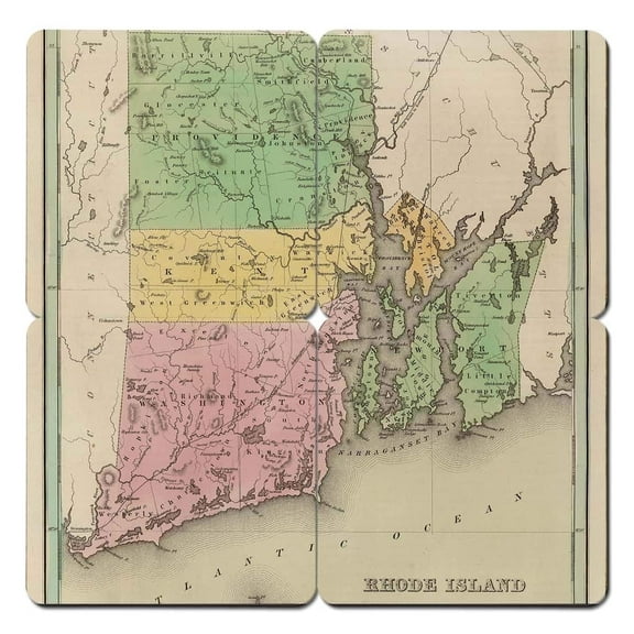 Torched Rhode Island Old World Map Coaster (Set of 4) UV Printed 4″x4″