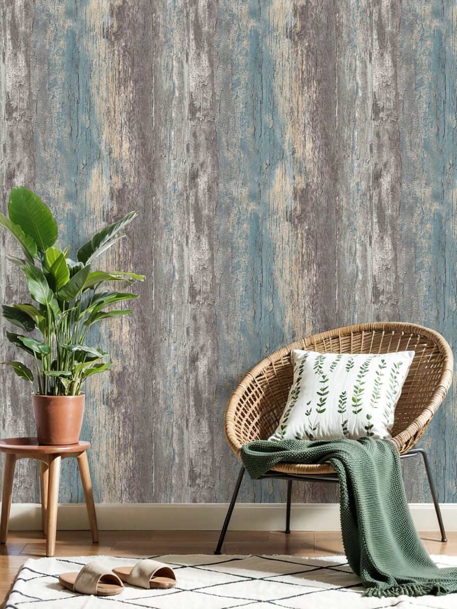 Peel and Stick Wallpaper Weathered Wooden Plank Texture Peeling Blue Beige Paint Wall Mural 23.6in x 9.8ft Self Adhesive Removable Wall Paper Renter Friendly Wallpaper for Nursery Bedroom Cabinets