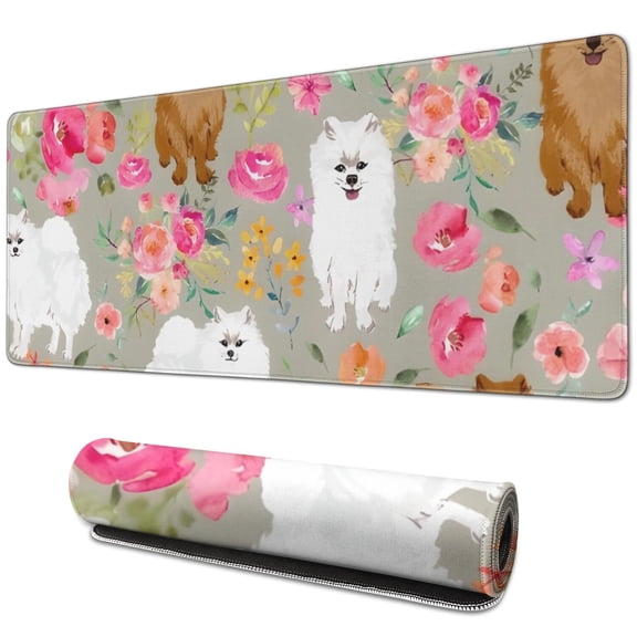 Long Mouse Pads for Desk,Pomeranian Dog and Flower Floral Desk Mats on Top Of Desks, Desk Mouse Pad Extra Large with 3mm Non-Slip Base and Stitched Edge for Gaming,Office,Work,Home 31.5"x11.8"