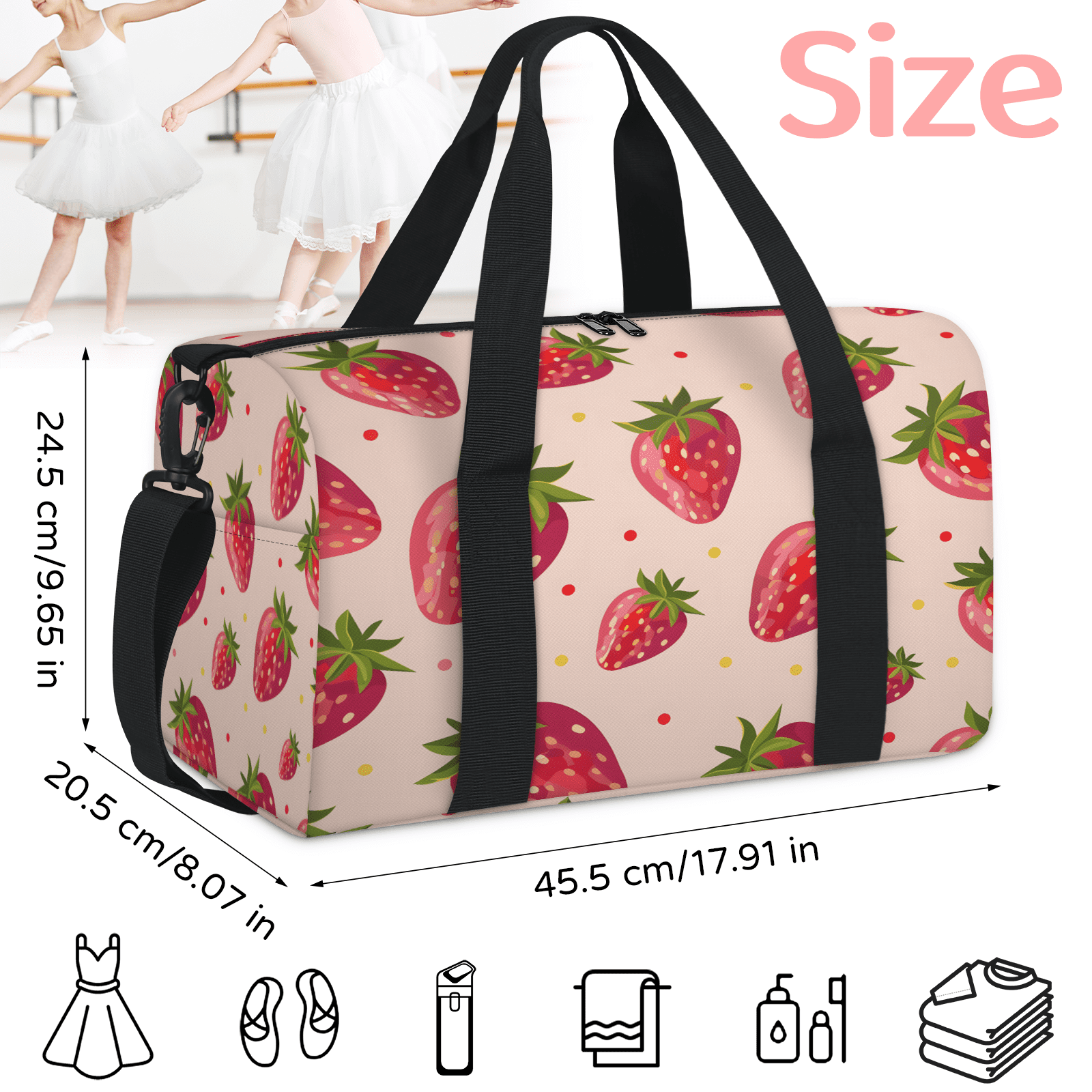 Herdesigns Strawberry Travel Duffle Bag Sports Yoga Weekender Overnight Carry on Workout Bags Lightweight Waterproof Gym Tote Bag for Women Strawberries
