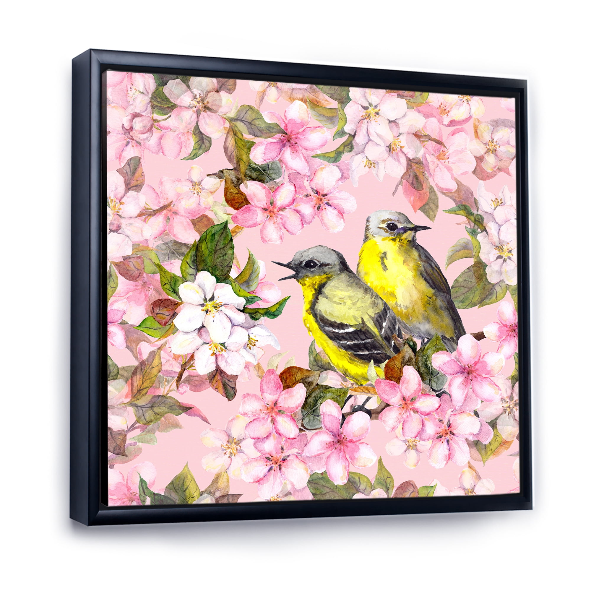 Birds On Pink Cherry Sakura and Apple Flowers I 30 in x 30 in Framed Painting Canvas Art Print, by Designart