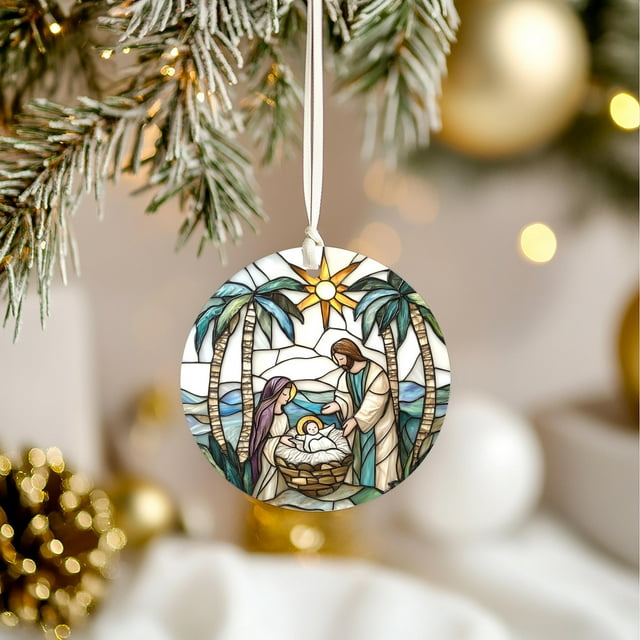 Stained Glass Nativity Scene Ornament Holy Family Christmas Decor 2.76" Circular Cera - As Picture - 3-Pack