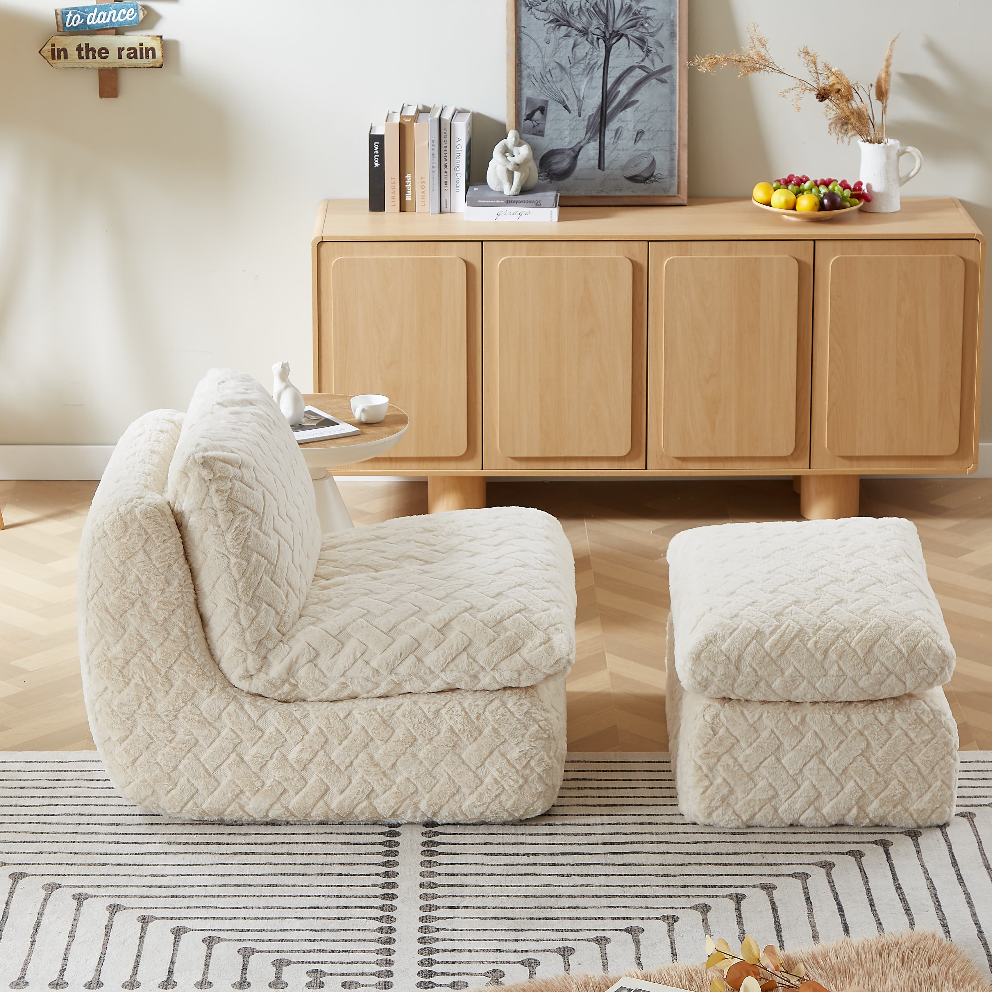 MAYEERTY Modern Full Compression Corduroy Swivel Sofa Chair with Ottoman for Living Room, 33*41*35"White
