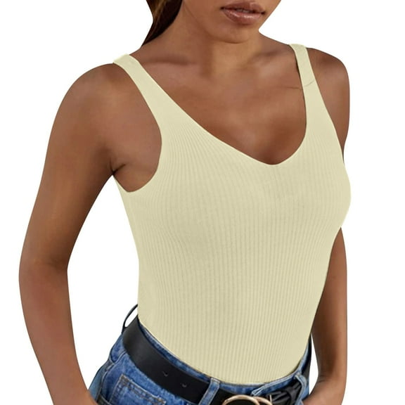 DuoJiaJ Women's Summer V Neck Knitted Solid Color Tank Top Plus Size Women’s Cotton Tank Tops