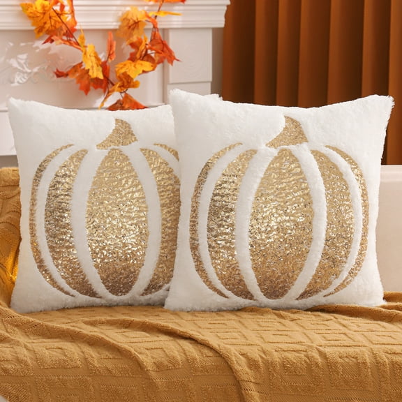 Fall Pillow Covers 18X18 Inch Set of 2 White Sequin Embroidery Pumpkin Throw Pillow Cases Halloween Thanksgiving Autumn Pumpkin Decor Pillowcases Square Cushion Covers