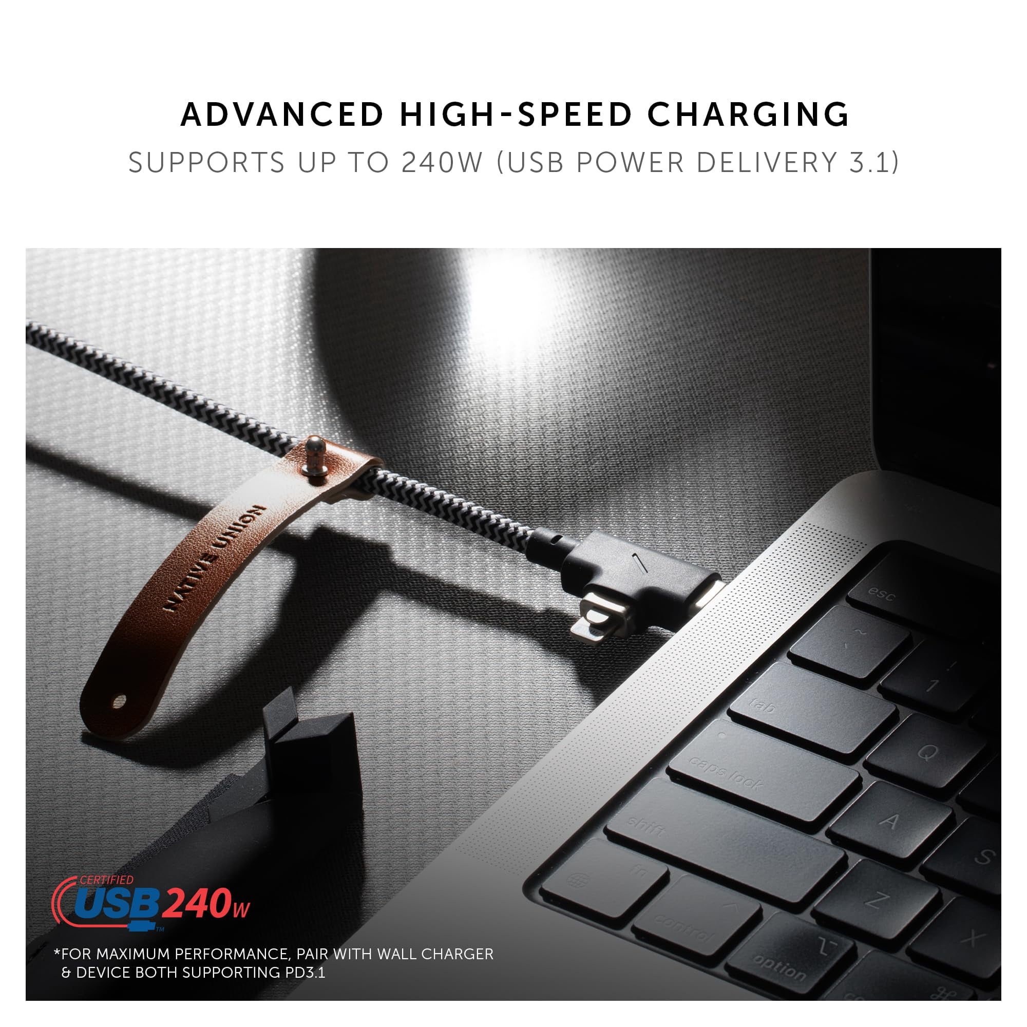 Native Union Belt Cable Duo Pro 240W – 2-in-1 8ft Universal USB C Charging Cable (Zebra)
