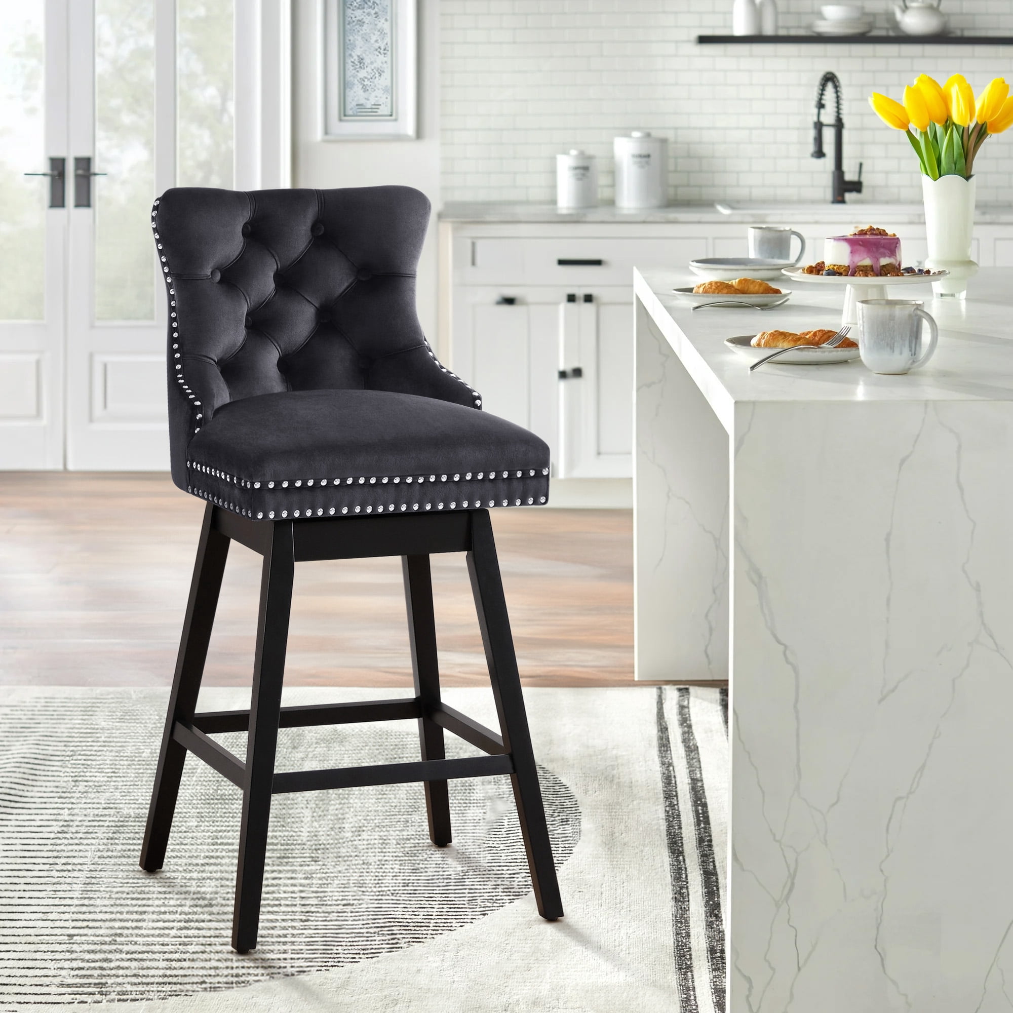 TEWLOSS Bar Stools Swivel 30" Velvet Barstools for Kitchen Island, Black