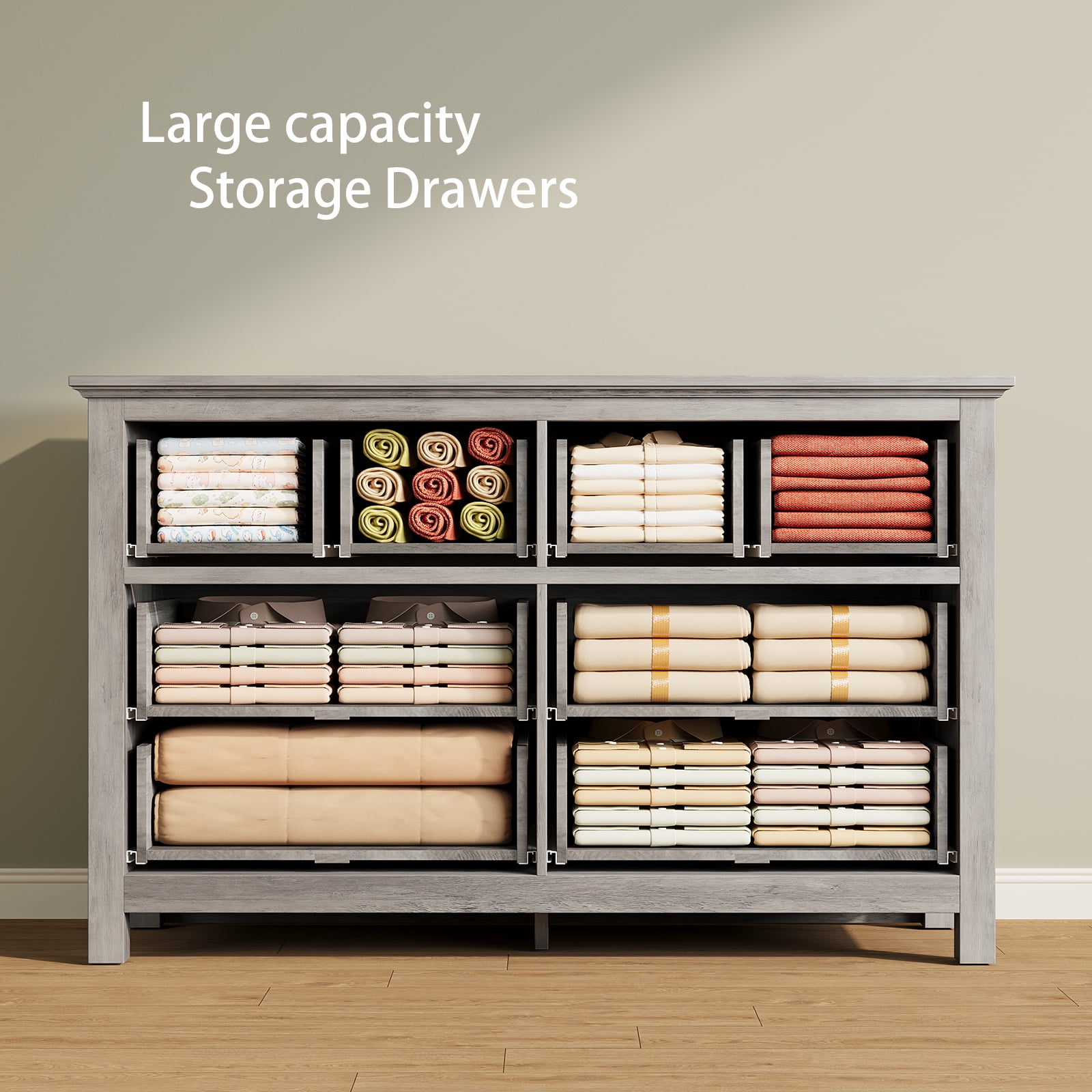 Holliwill 3pcs Dresser Nightstands Set, Farmhouse Bedroom Set, Wide 8 Drawer Dresser and 2 Drawer Nightstand with Open Shelf & Charging Station, Chest of Drawers for Bedroom, Grey