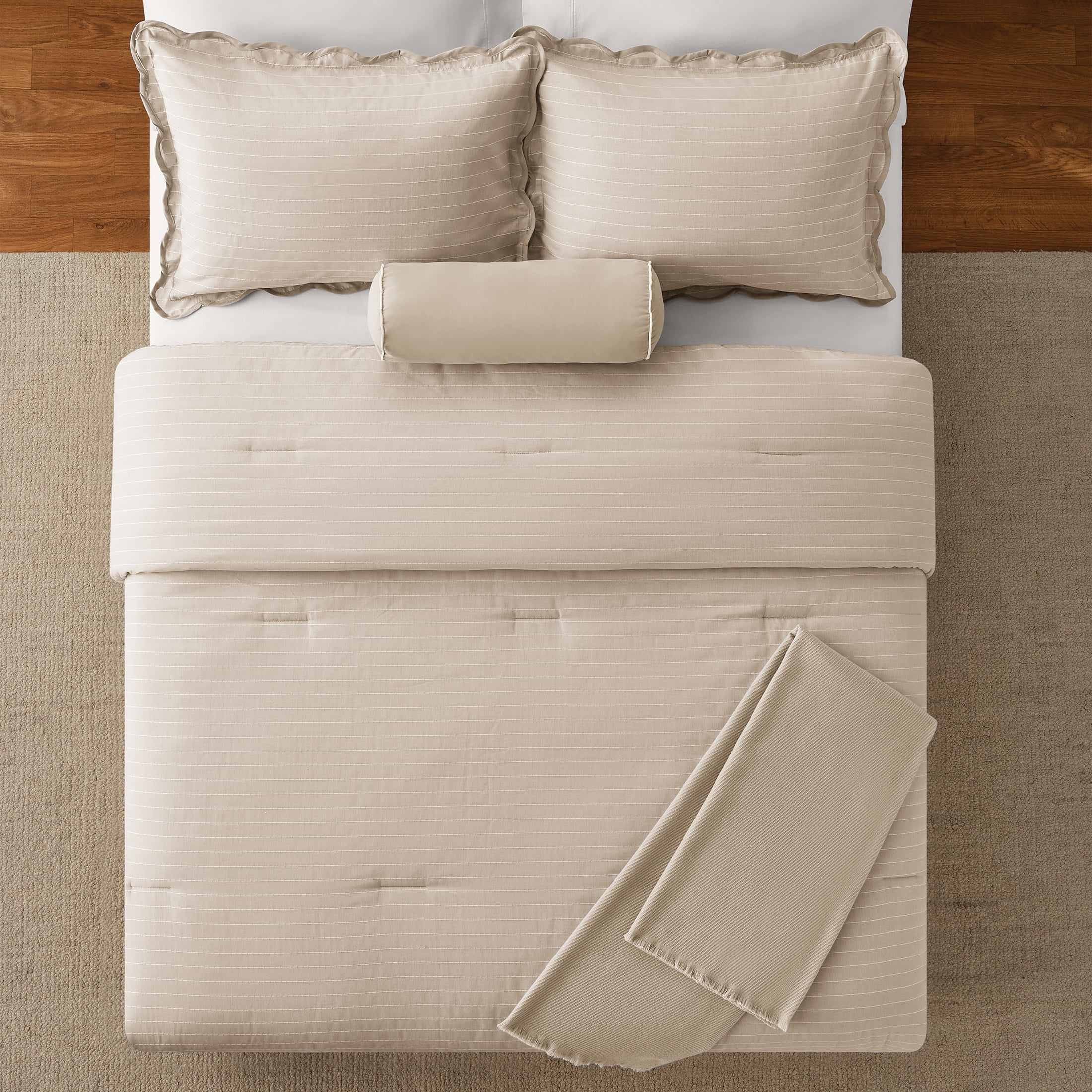 Mainstays King Comforter Set, All-Season, 5-Piece, Tan Pick Stitch Scallop