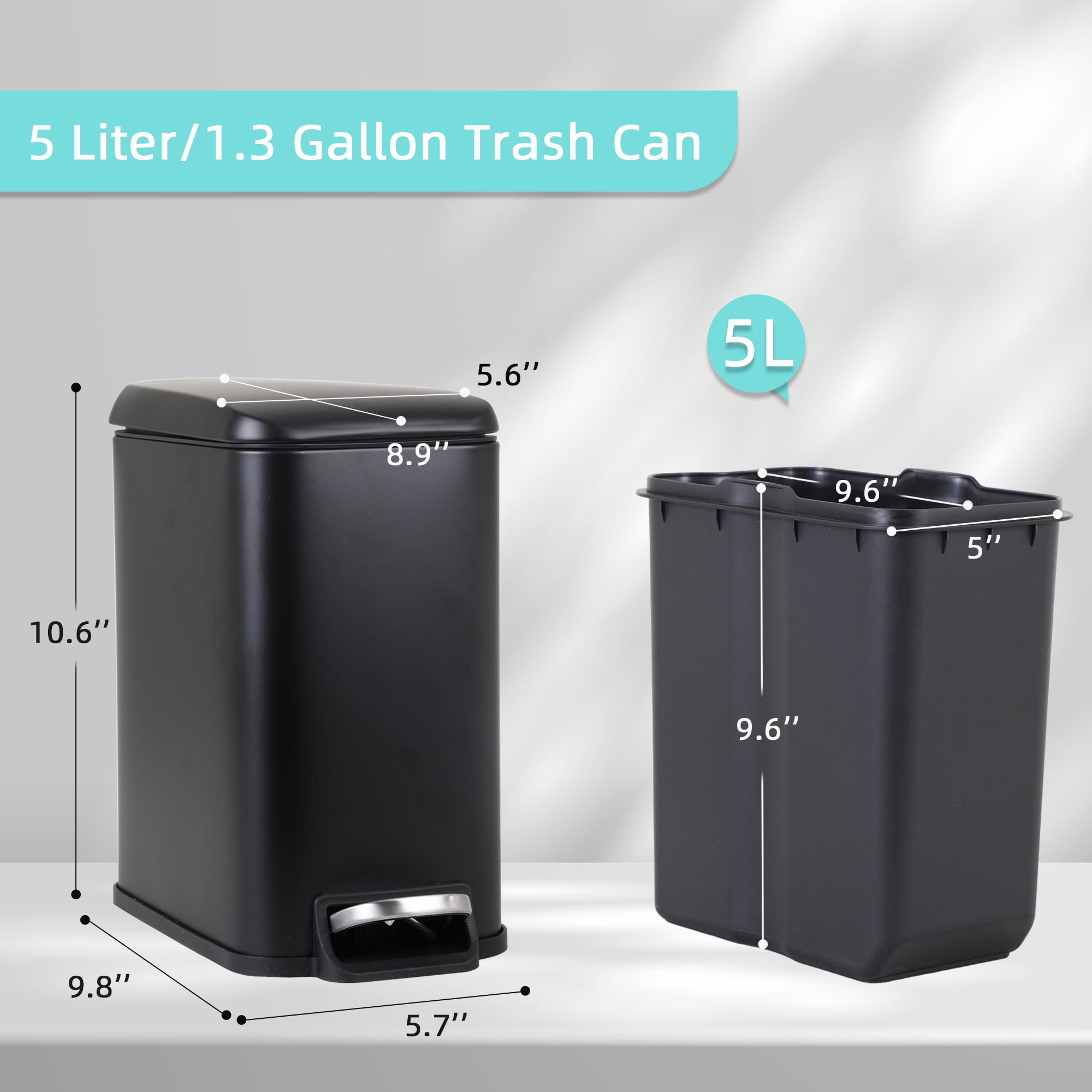 CL.HPAHKL Small Bathroom Trash Can with Soft Close Lid, 1.3 Gallon Stainless Steel Garbage Can with Removable Inner Bucket, Foot Pedal, Mini Trash Bin for Toilet, Home Office (Black, 2 Pack)