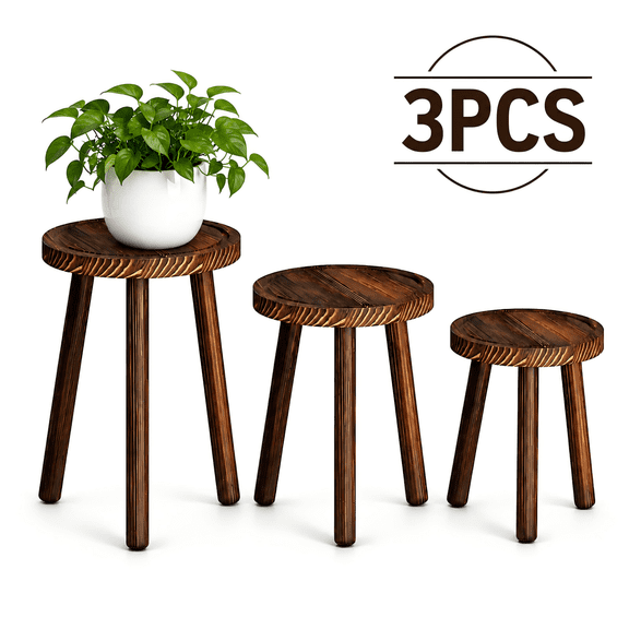 Efoee 3 Pack Wood Plant Stand Indoor,Carbonized Wooden Plant Stand Set for Layered plant Riser Planter Stand Display,Small Round Plant Stool Pot Stand for Plants Indoor Home Decor