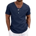 thumbnail image 2 of BRGZLK Mens Short Sleeve Cotton and Linen Solid Color Button Basic Tops Henley V-Neck Button T-Shirt Summer Office Blouses Fitness Daily Casual Wear, 2 of 6